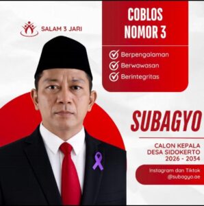 Papan kampanye Subagyo yang mengajak warga Desa Sidokerto memilih menjadi kepala desa pada 24 Mei 2026. 