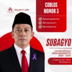 Papan kampanye Subagyo yang mengajak warga Desa Sidokerto memilih menjadi kepala desa pada 24 Mei 2026.