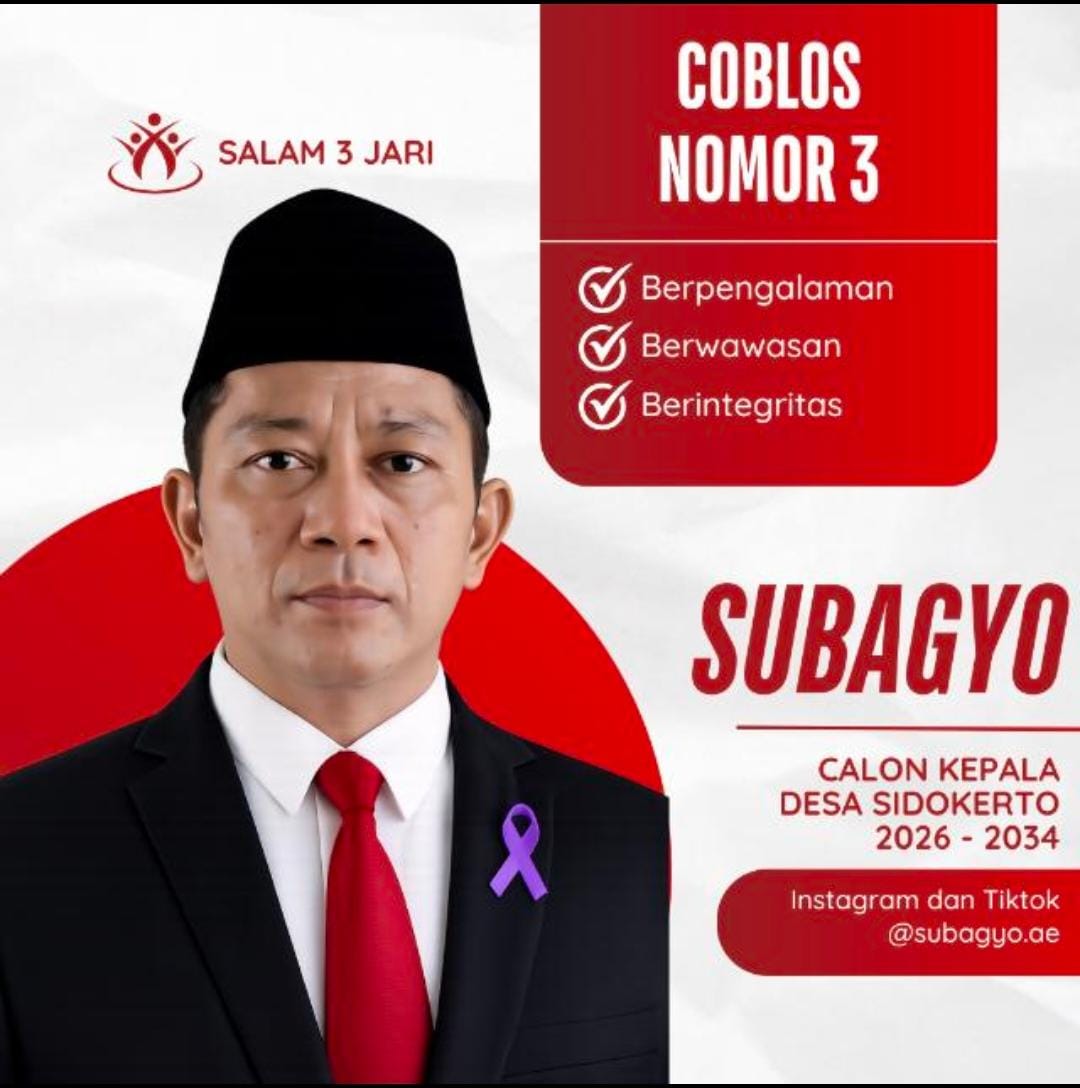 Papan kampanye Subagyo yang mengajak warga Desa Sidokerto memilih menjadi kepala desa pada 24 Mei 2026.