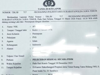 Korban berinisial AI melaporkan rekannya, SUN, pada Selasa (31/3/2026). Laporan tersebut tercatat dengan nomor TBL/B/717/III/2026/SPKT/Polrestabes Surabaya/Polda Jawa Timur.