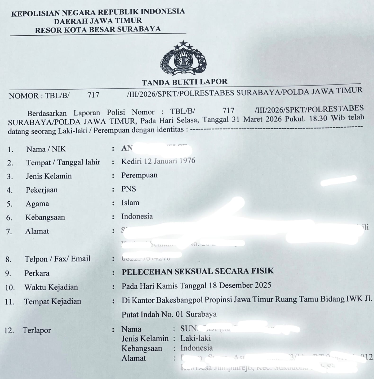 Korban berinisial AI melaporkan rekannya, SUN, pada Selasa (31/3/2026). Laporan tersebut tercatat dengan nomor TBL/B/717/III/2026/SPKT/Polrestabes Surabaya/Polda Jawa Timur.